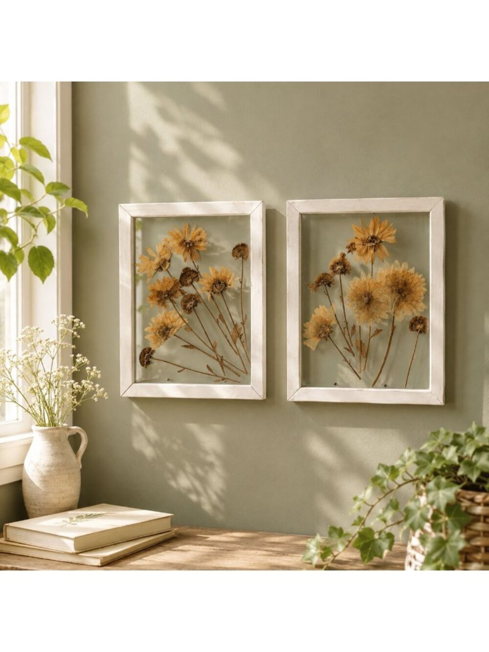 Rustic Handmade Pressed Flower Artwork Pair In White Wooden Frames 7" x 9" Each